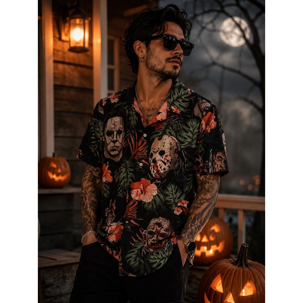 Horror Movie Slasher Tropical Floral Button Down Shirt Mens Small‎ Michael Jason